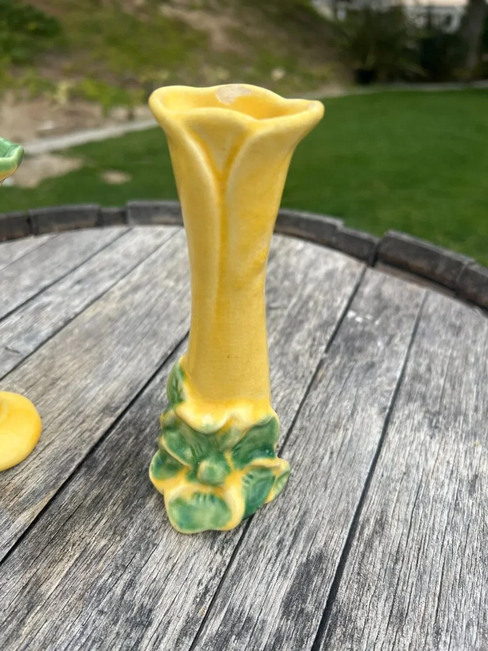 Pair of Vintage Yellow & Green Pottery Bud Vases | Cottage Floral Decor - Picture 6 of 10